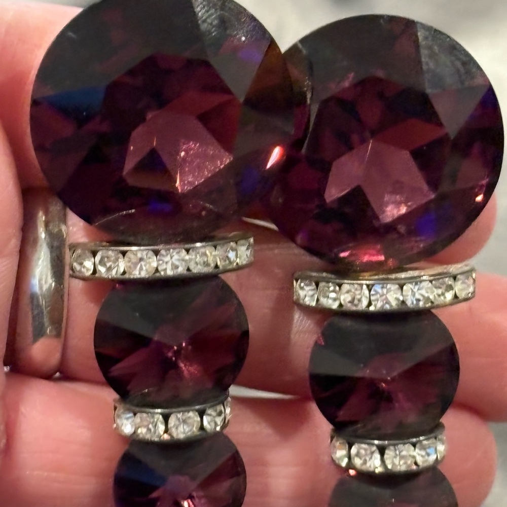 Vintage Amethyst Crystal Earrings 3 Domes w Clear Channeled Crystal Sections
